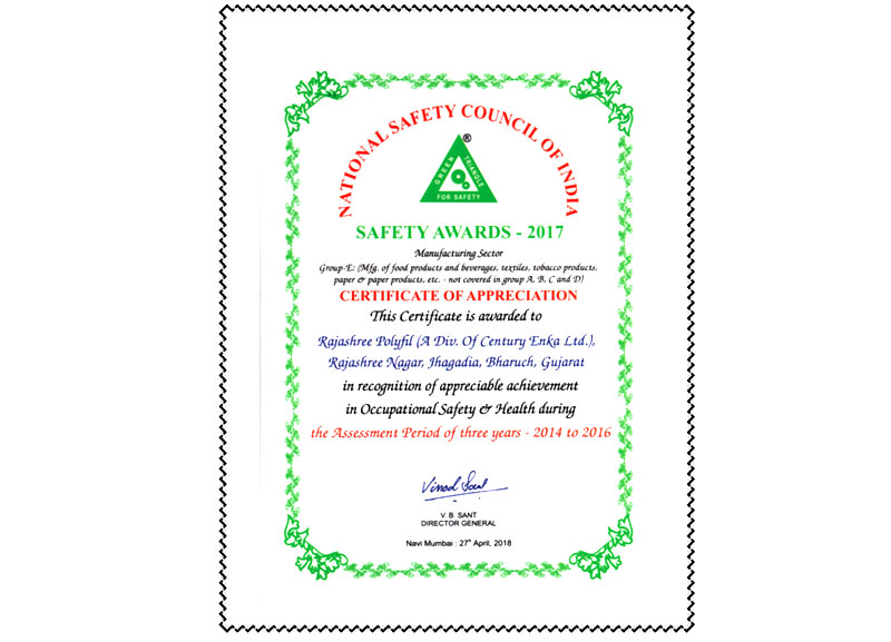 National Safety Award 2017 by National Safety Council of India among Group – E of Manufacturing Sector